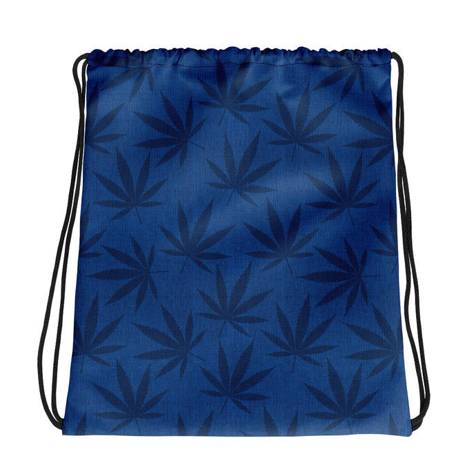 Righteous Bud's Blue Cannabis Leaf Drawstring Bag